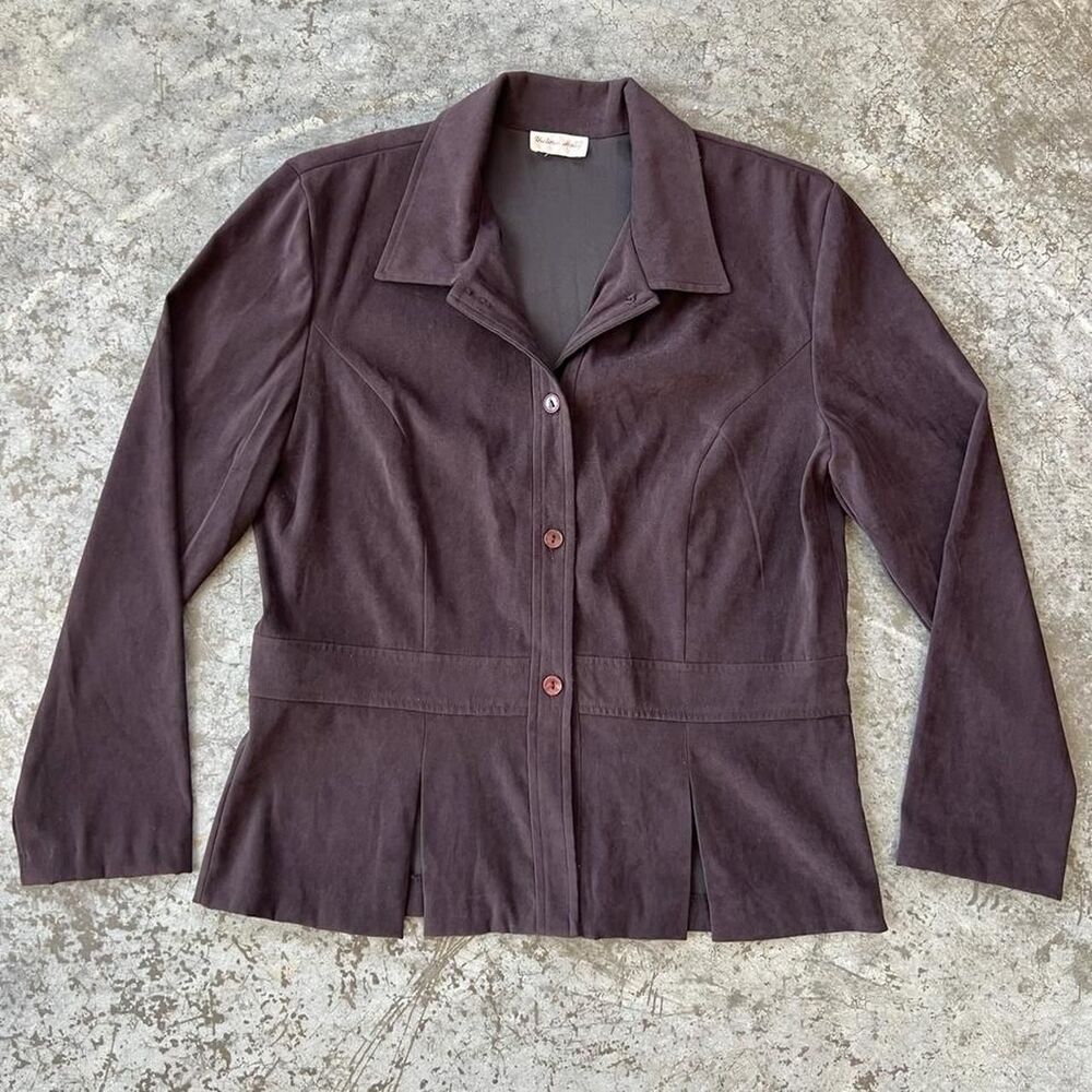 Victoria Holly Vintage 90s Brown Faux Suede Pleated Peplum Blazer Jacket M